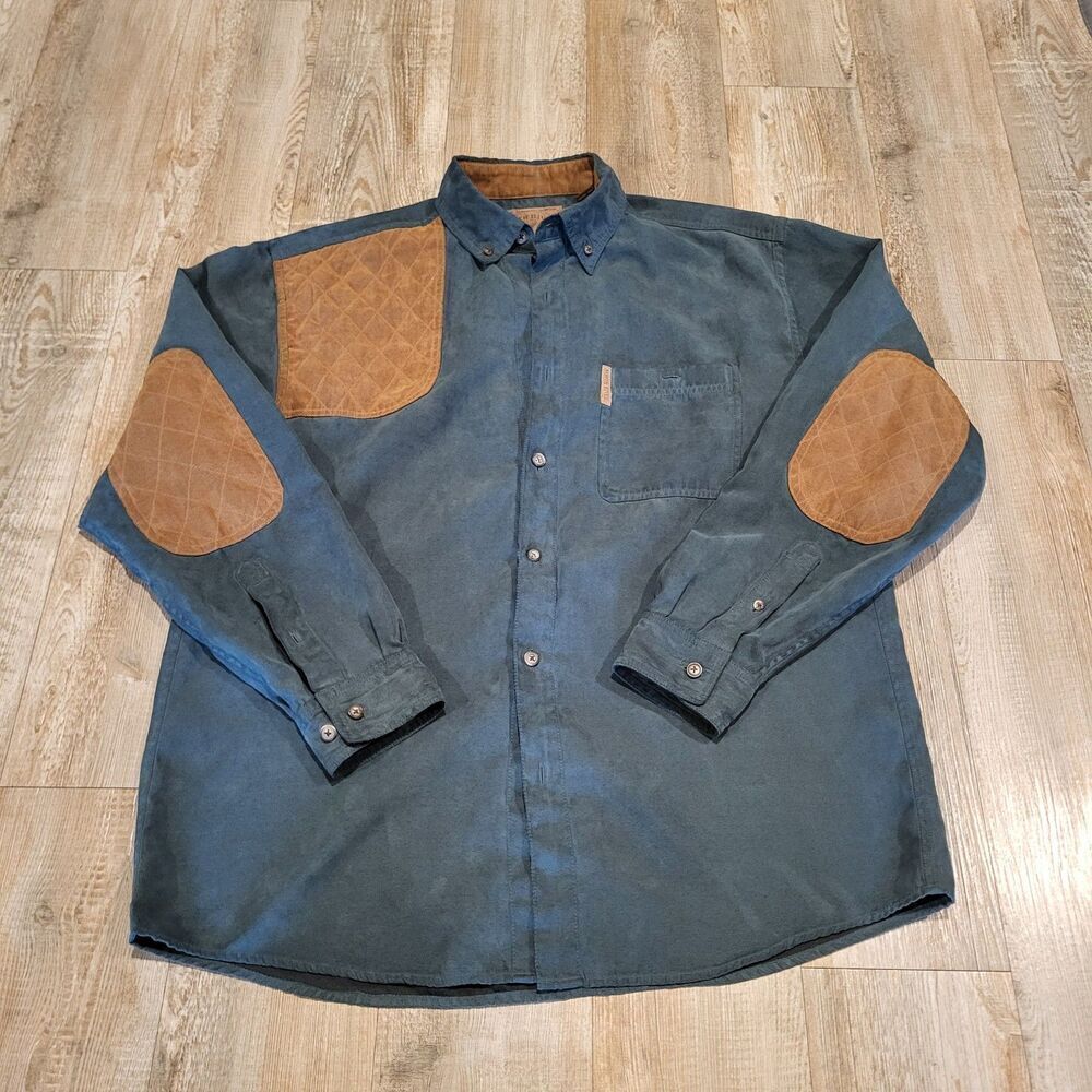 North River Outfitters Teal Button Up Shirt With Brown Elbow Patches Mens Size M